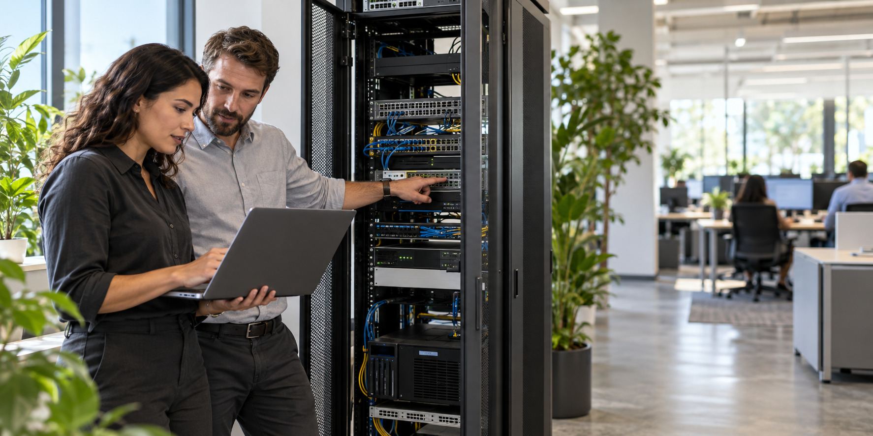 Técnicos de IT revisando un gabinete de red (imagen ilustrativa)
