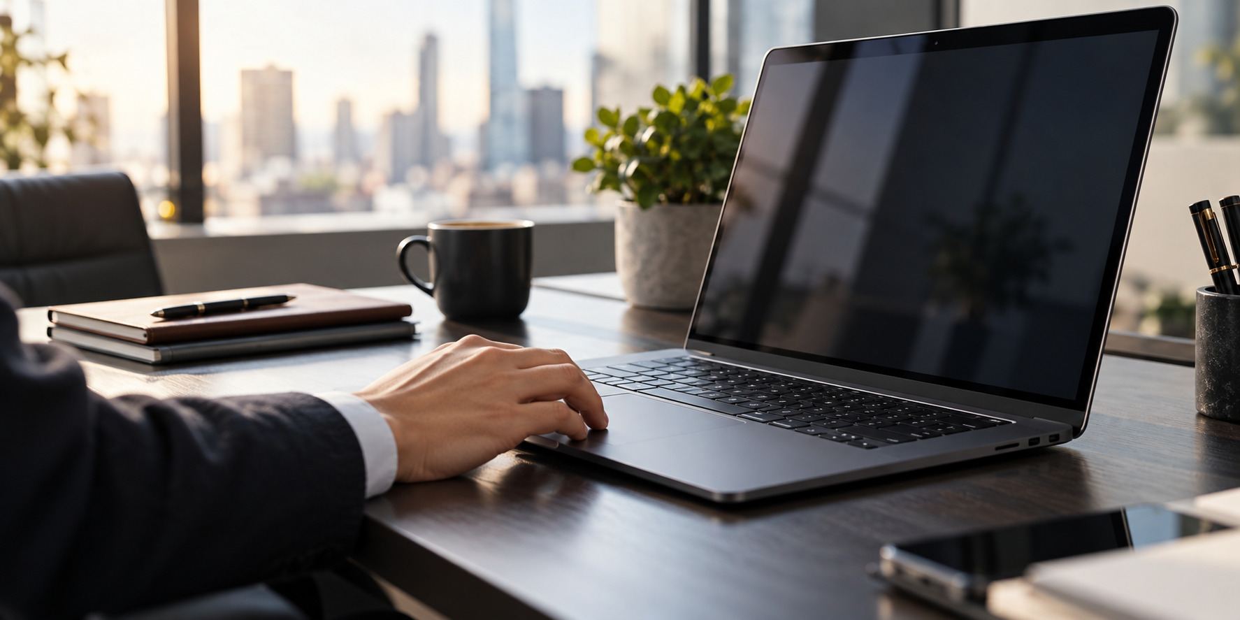 Laptop empresarial en un escritorio de oficina (imagen ilustrativa)